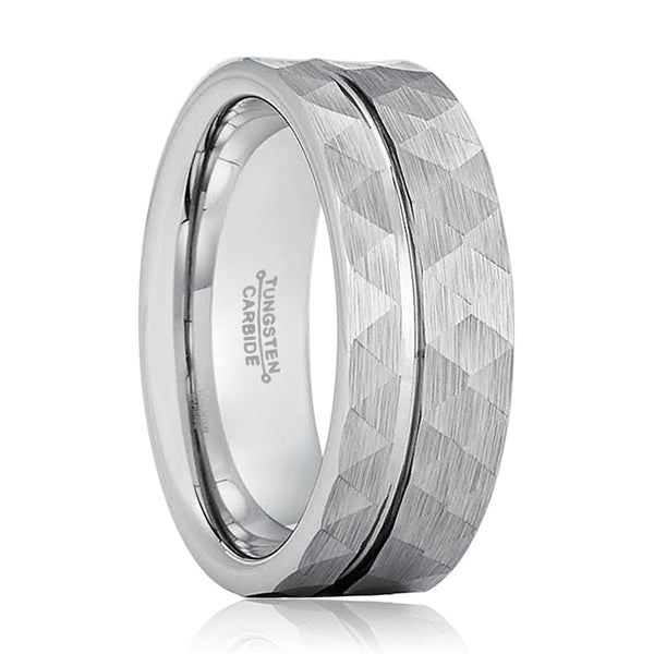 ROCCO | Silver Tungsten Ring, Hammered, Off-Center Groove, Flat - Rings - Aydins Jewelry - 1