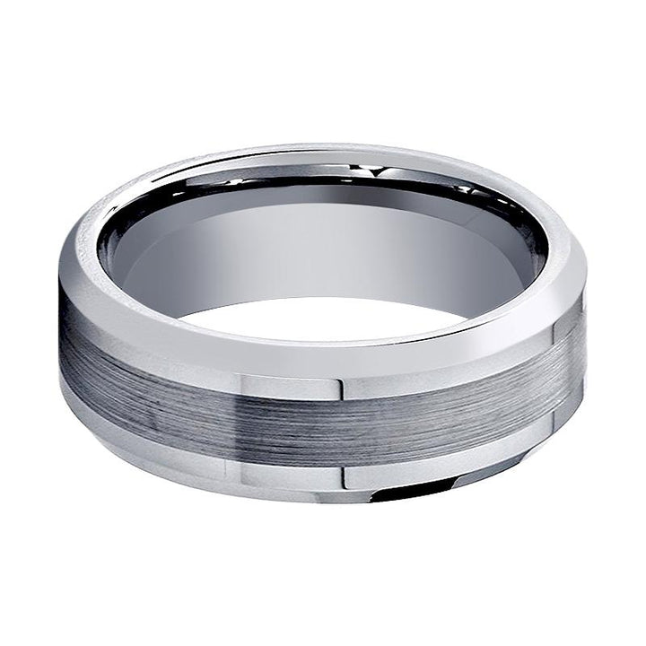 ROCK | Silver Tungsten Ring, Brushed Center, Beveled