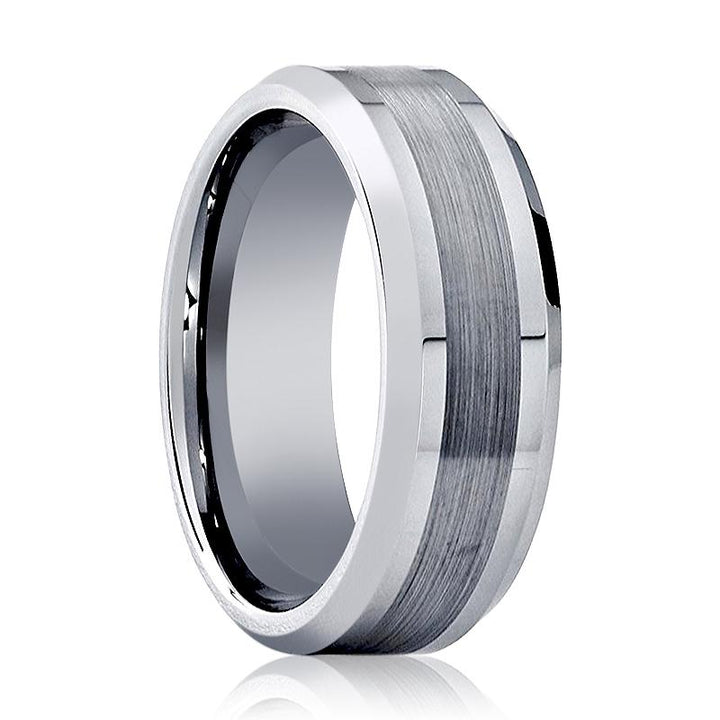 ROCK | Silver Tungsten Ring, Brushed Center, Beveled