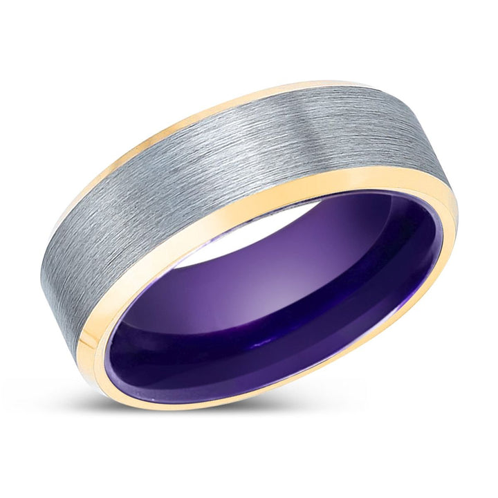 ROCKER | Purple Ring, Brushed, Silver Tungsten Ring, Gold Beveled Edges - Rings - Aydins Jewelry - 2