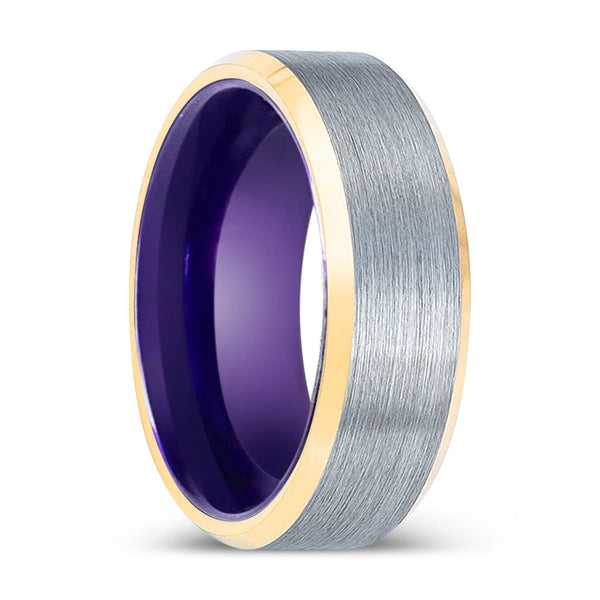 ROCKER | Purple Ring, Brushed, Silver Tungsten Ring, Gold Beveled Edges
