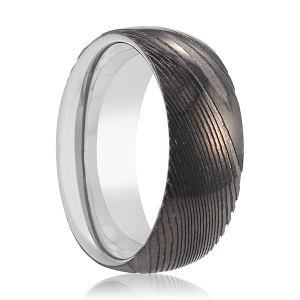 ROCKET | Silver Ring, Gunmetal Damascus Steel Ring, Domed
