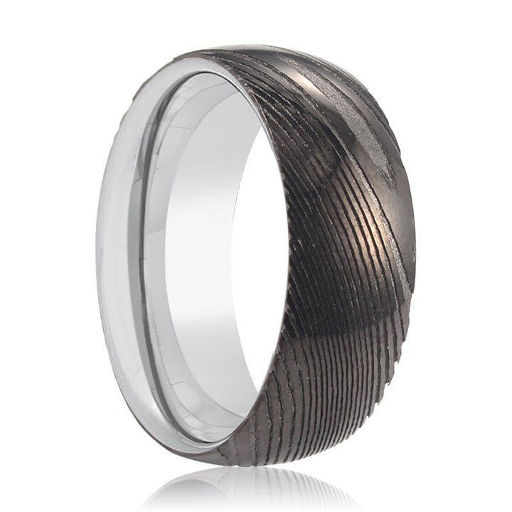 ROCKET | Silver Ring, Gunmetal Damascus Steel Ring, Domed - Rings - Aydins Jewelry - 1