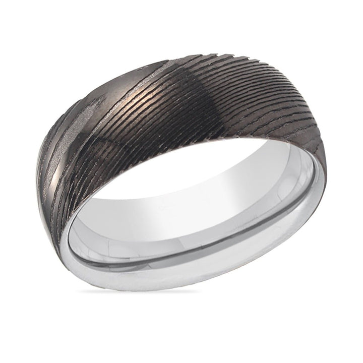 ROCKET | Silver Ring, Gunmetal Damascus Steel Ring, Domed - Rings - Aydins Jewelry - 2