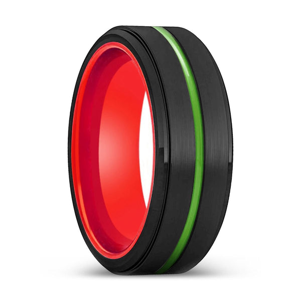 ROCKFORD | Red Ring, Black Tungsten Ring, Green Groove, Stepped Edge - Rings - Aydins Jewelry