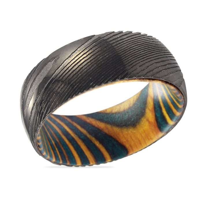 ROCKLER | Green & Yellow Wood, Gunmetal Damascus Steel Ring, Domed - Rings - Aydins Jewelry - 2