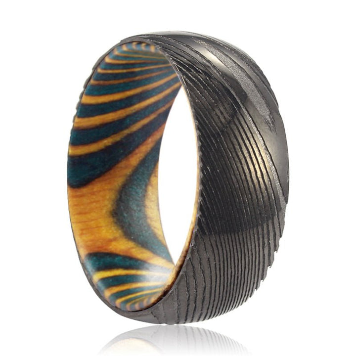 ROCKLER | Green & Yellow Wood, Gunmetal Damascus Steel Ring, Domed - Rings - Aydins Jewelry - 1