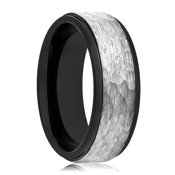 ROCKY | Black Tungsten Ring, Grey Hammered, Stepped Edge - Rings - Aydins Jewelry - 1