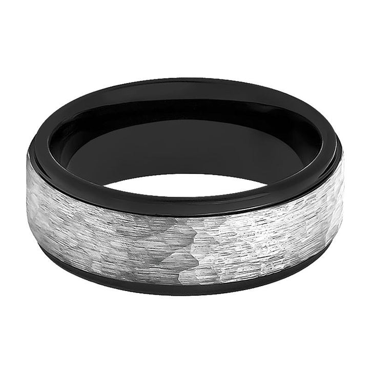 ROCKY | Black Tungsten Ring, Grey Hammered, Stepped Edge - Rings - Aydins Jewelry - 2