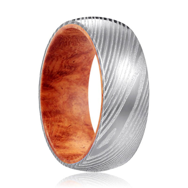 ROJO | Red Burl Wood, Silver Damascus Steel, Domed - Rings - Aydins Jewelry - 1