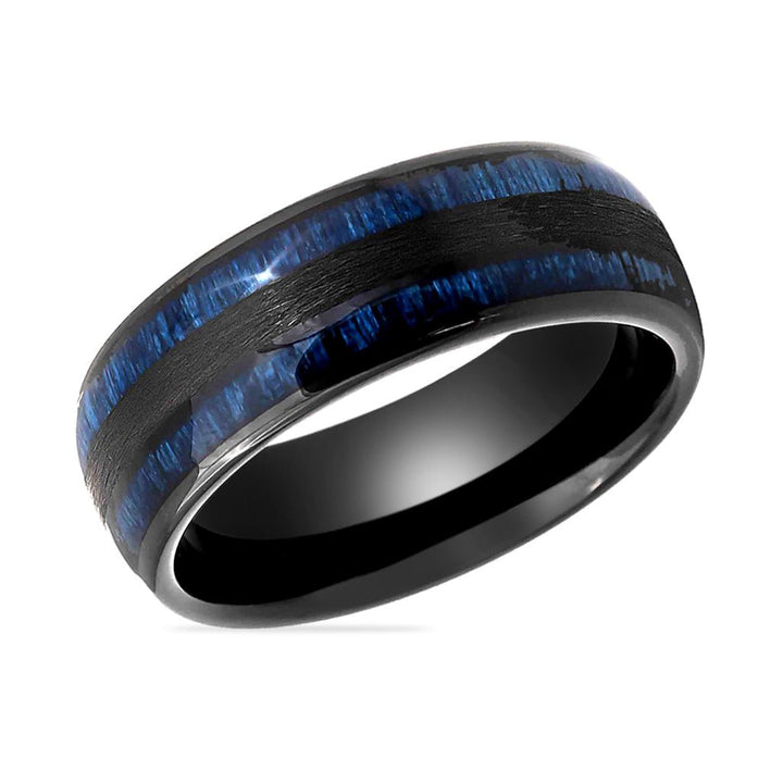 ROMEO | Black Tungsten Ring, Blue Wood Inlay, Domed - Rings - Aydins Jewelry - 2