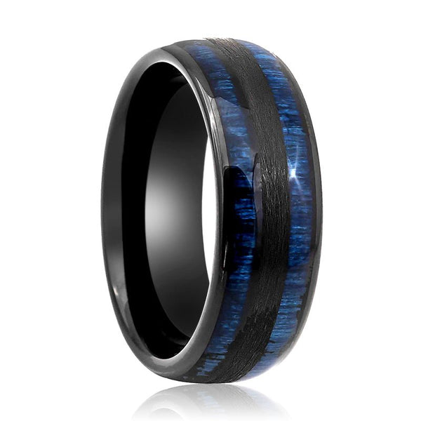 ROMEO | Black Tungsten Ring, Blue Wood Inlay, Domed