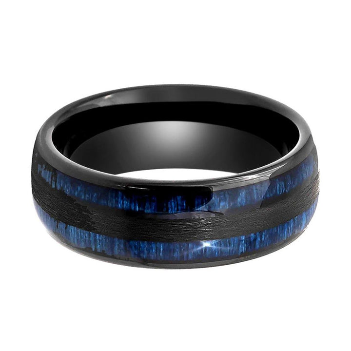 ROMEO | Black Tungsten Ring, Blue Wood Inlay, Domed - Rings - Aydins Jewelry - 3