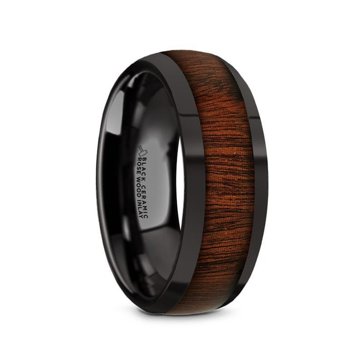 ROSAE | Black Ceramic Ring, Rose Wood Inlay, Domed - Rings - Aydins Jewelry - 2