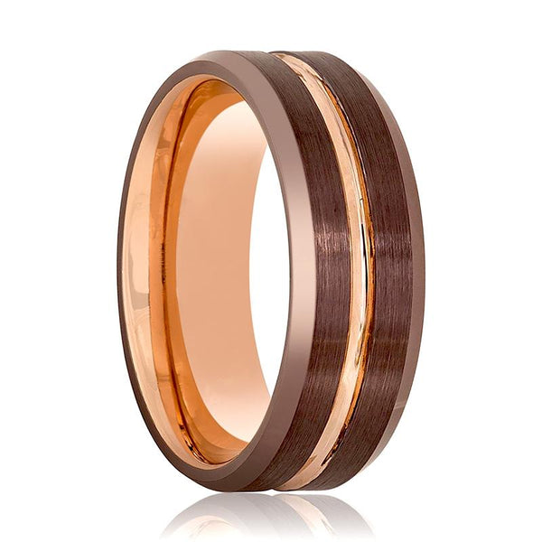 Aydins Rose Gold & Brown Grooved Tungsten Wedding Band for Men 8mm Beveled Edge Tungsten Carbide Wedding Ring - Rings - Aydins_Jewelry