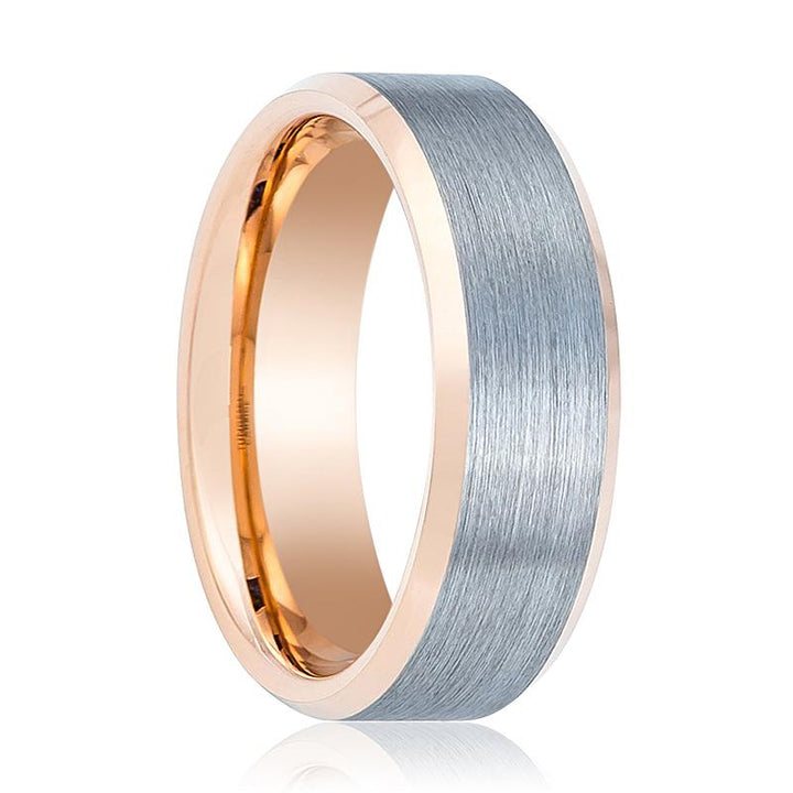 KINGRAY | Rose Gold Tungsten Ring, Silver Brushed, Beveled - Rings - Aydins Jewelry - 1