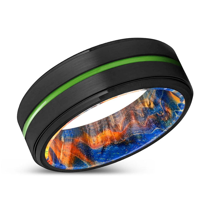 ROSEVILLE | Blue & Yellow/Orange Wood, Black Tungsten Ring, Green Groove, Stepped Edge - Rings - Aydins Jewelry - 2
