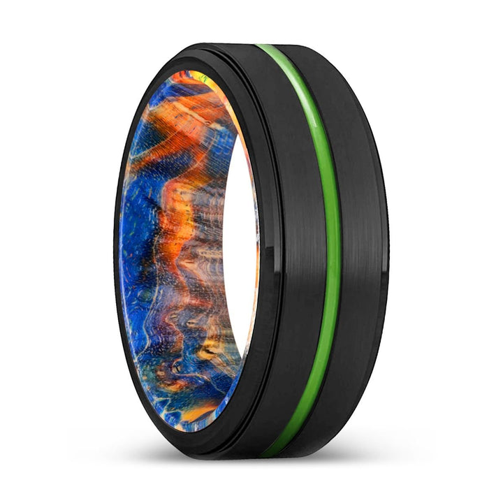 ROSEVILLE | Blue & Yellow/Orange Wood, Black Tungsten Ring, Green Groove, Stepped Edge - Rings - Aydins Jewelry - 1