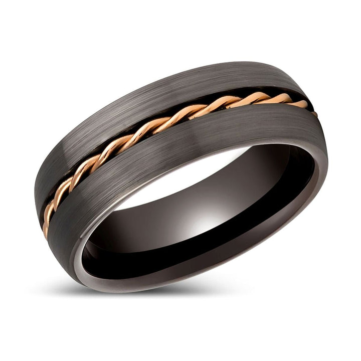 ROSIUM | Gunmetal Tungsten Ring, Rose Gold Rope Inlay, Domed - Rings - Aydins Jewelry - 2