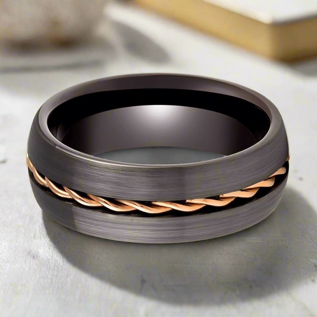 Unique Gunmetal Tungsten Ring with Rose Gold Rope Inlay - Stylish Men's Wedding Band