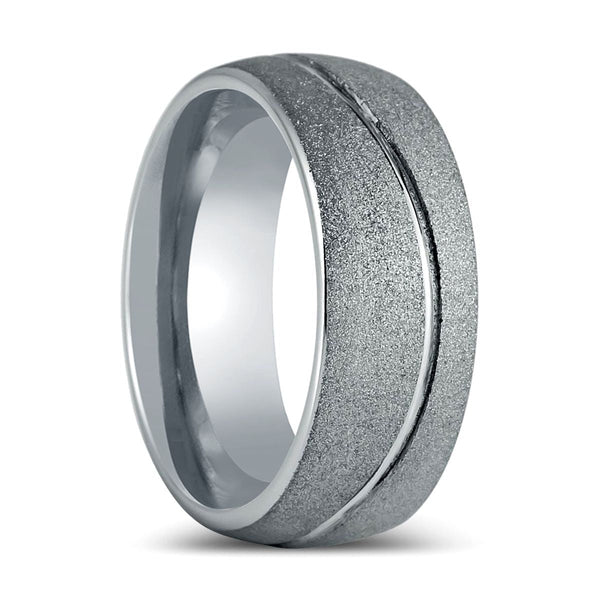 ROUGHZEN | Silver Tungsten Ring, Swirl Design, Frosted Finish