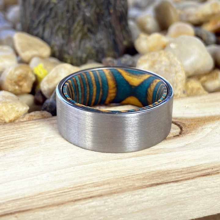 ROYAL | Green & Yellow Wood, Silver Tungsten Ring, Brushed, Flat - Rings - Aydins Jewelry