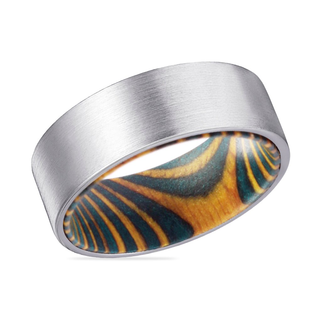 ROYAL | Green & Yellow Wood, Silver Tungsten Ring, Brushed, Flat - Rings - Aydins Jewelry - 2