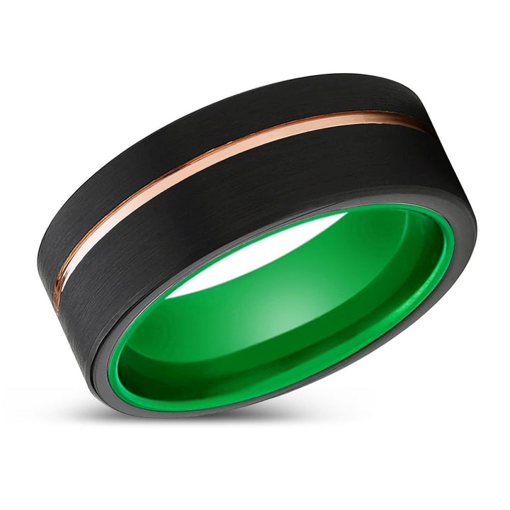 ROYALTY | Green Ring, Black Tungsten Ring, Rose Gold Offset Groove, Brushed, Flat - Rings - Aydins Jewelry - 2
