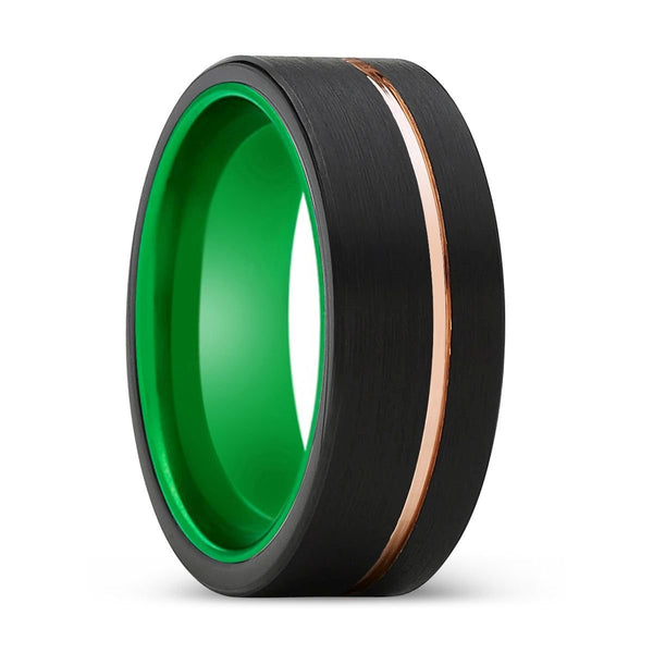 ROYALTY | Green Ring, Black Tungsten Ring, Rose Gold Offset Groove, Brushed, Flat