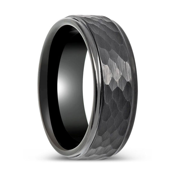 RUGGED | Black Tungsten Ring, Gun Metal Hammered Center with Stepped Edge - Rings - Aydins Jewelry