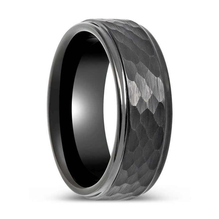 RUGGED | Black Tungsten Ring, Gun Metal Hammered Center with Stepped Edge - Rings - Aydins Jewelry - 1