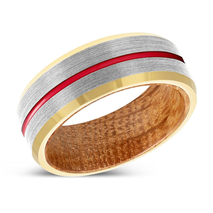 RUMBLE | Whiskey Barrel Wood, Silver Tungsten Ring, Red Groove, Gold Beveled Edge - Rings - Aydins Jewelry - 2