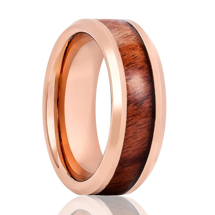 RUSTIC | Rose Gold Tungsten Ring, Koa Wood Inlay, Beveled Edge - Rings - Aydins Jewelry