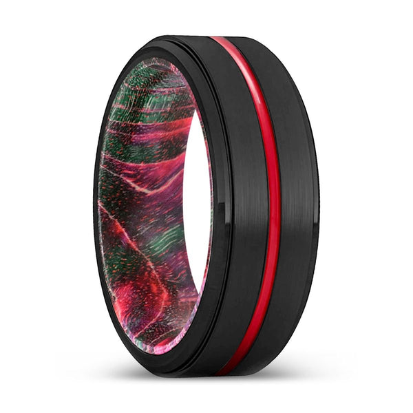 RUSTY | Green & Red Wood, Black Tungsten Ring, Red Groove, Stepped Edge - Rings - Aydins Jewelry - 1