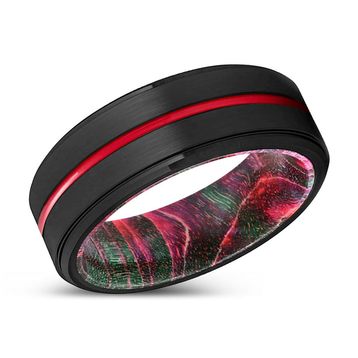 RUSTY | Green & Red Wood, Black Tungsten Ring, Red Groove, Stepped Edge - Rings - Aydins Jewelry - 2