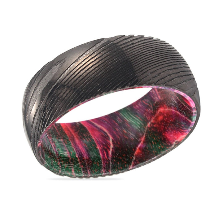 RUTLAND | Green & Red Wood, Gunmetal Damascus Steel Ring, Domed - Rings - Aydins Jewelry - 2