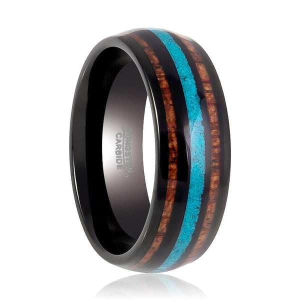 RYKER | Black Tungsten Ring, Koa Wood & Turquoise Inlay, Domed