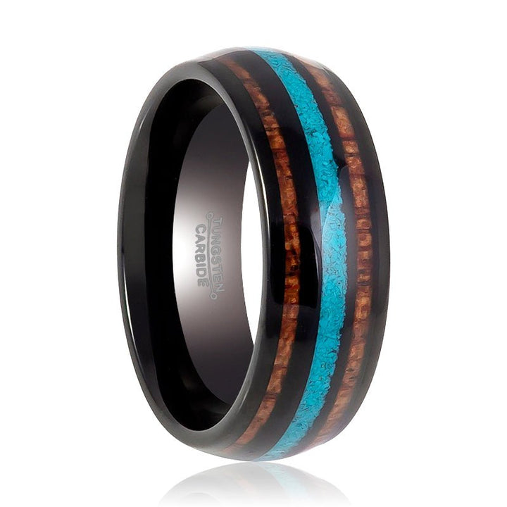 RYKER | Black Tungsten Ring, Koa Wood & Turquoise Inlay, Domed - Rings - Aydins Jewelry - 1