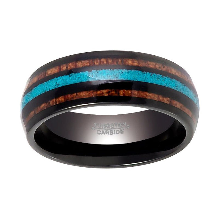 RYKER | Black Tungsten Ring, Koa Wood & Turquoise Inlay, Domed - Rings - Aydins Jewelry - 3