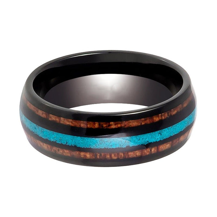 RYKER | Black Tungsten Ring, Koa Wood & Turquoise Inlay, Domed - Rings - Aydins Jewelry - 2