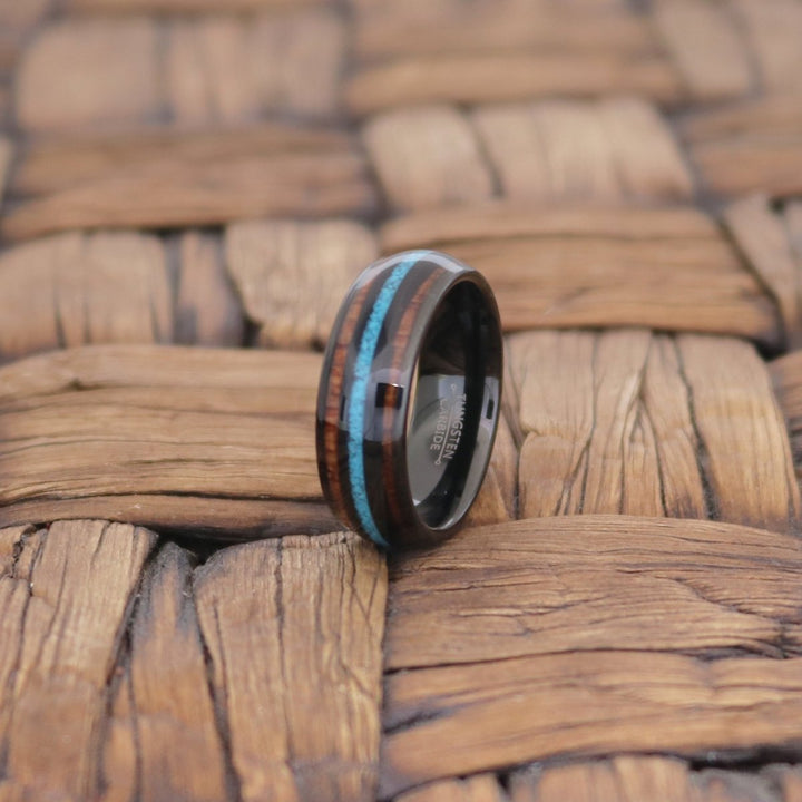 RYKER | Black Tungsten Ring, Koa Wood & Turquoise Inlay, Domed - Rings - Aydins Jewelry - 4