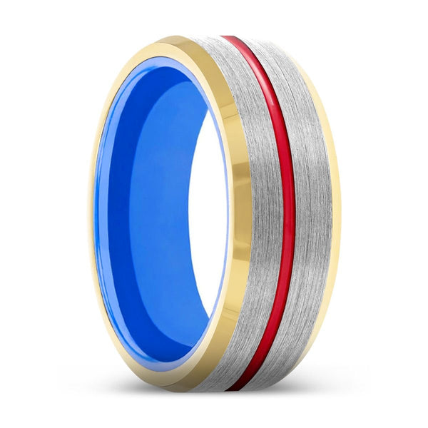 SABER | Blue Ring, Silver Tungsten Ring, Red Groove, Gold Beveled Edge