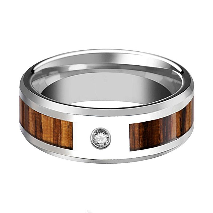 Tungsten Wood Ring - Real Zebra Wood Inlay - Diamond Wedding Band - Tungsten Wedding Band - Polished Finish - 8mm - Tungsten Wedding Ring - AydinsJewelry
