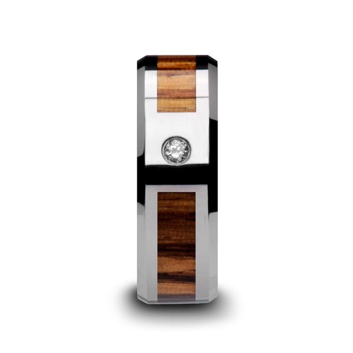 SABER | Silver Tungsten Ring, Zebra Wood Inlay, Beveled - Rings - Aydins Jewelry - 3