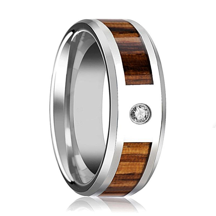 Tungsten Wood Ring - Real Zebra Wood Inlay - Diamond Wedding Band - Tungsten Wedding Band - Polished Finish - 8mm - Tungsten Wedding Ring - AydinsJewelry