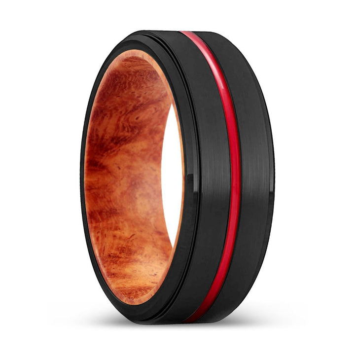 SAGE | Red Burl Wood, Black Tungsten Ring, Red Groove, Stepped Edge - Aydins Jewelry - 1