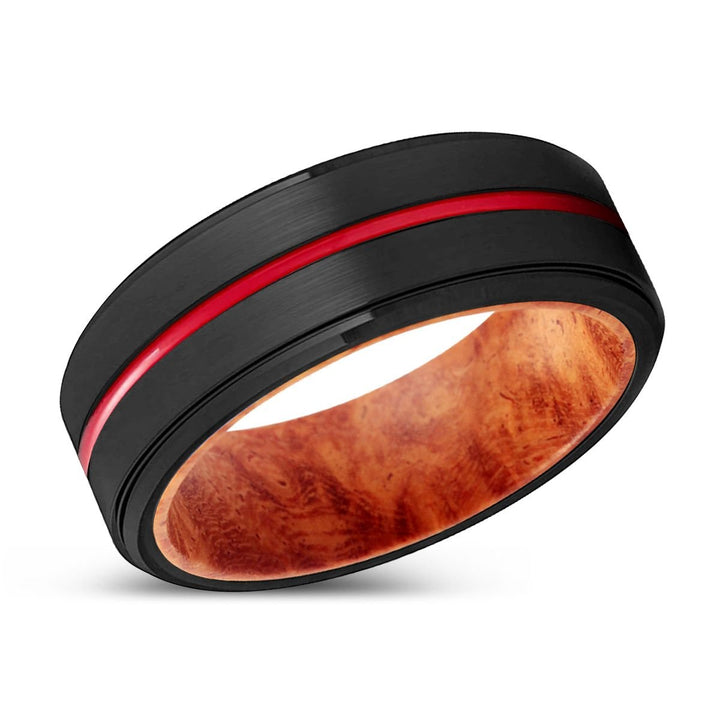 SAGE | Red Burl Wood, Black Tungsten Ring, Red Groove, Stepped Edge - Aydins Jewelry - 2