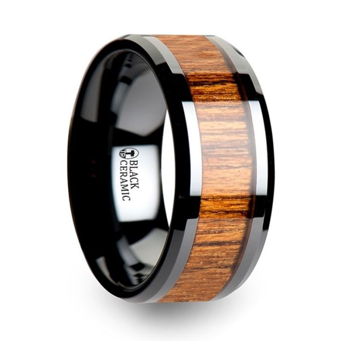 SAGON | Black Ceramic Ring, Teak Wood Inlay, Beveled - Rings - Aydins Jewelry - 5