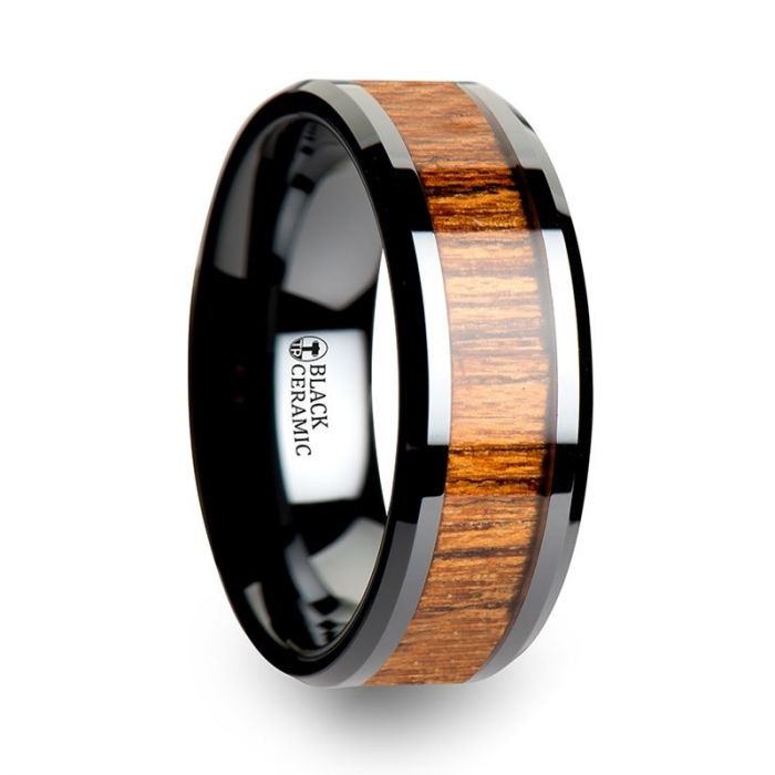 SAGON | Black Ceramic Ring, Teak Wood Inlay, Beveled - Rings - Aydins Jewelry - 3