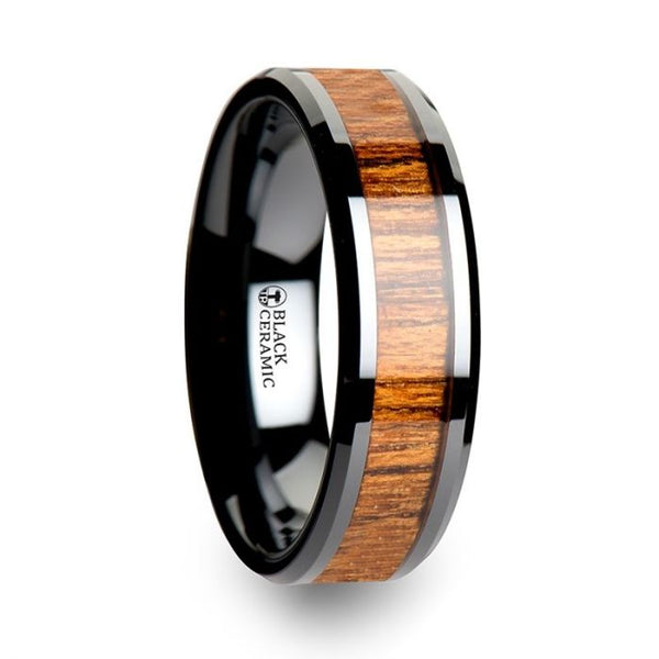 SAGON | Black Ceramic Ring, Teak Wood Inlay, Beveled - Rings - Aydins Jewelry - 1